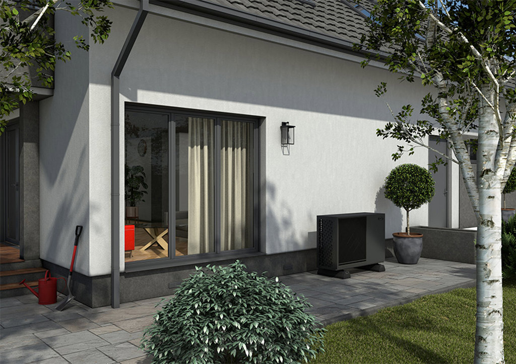 R290 air source heat pump at the front of a house